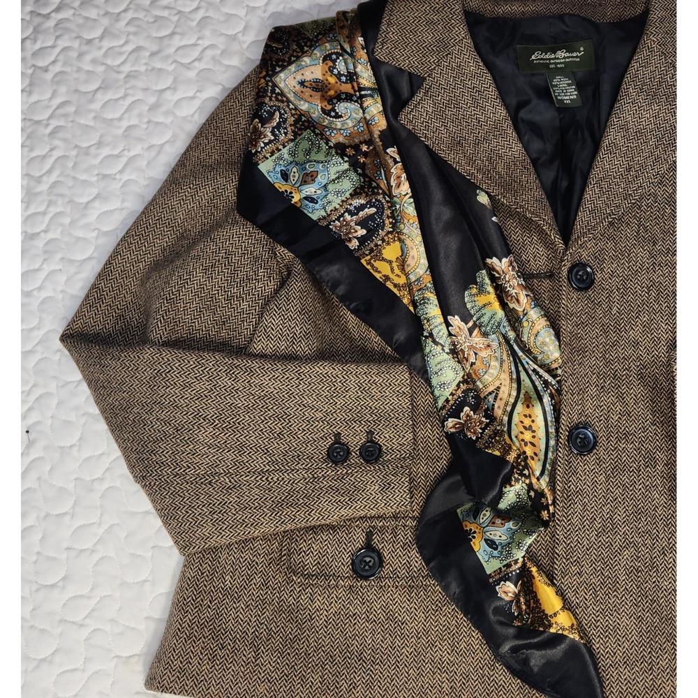 Brown Herringbone Blazer & Satin Scarf  Heritage Luxury wool Jacket XL  46" EXC